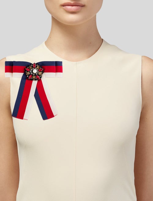 Gucci Faux Pearl, Crystal, & Grosgrain Ribbon Bow Brooch