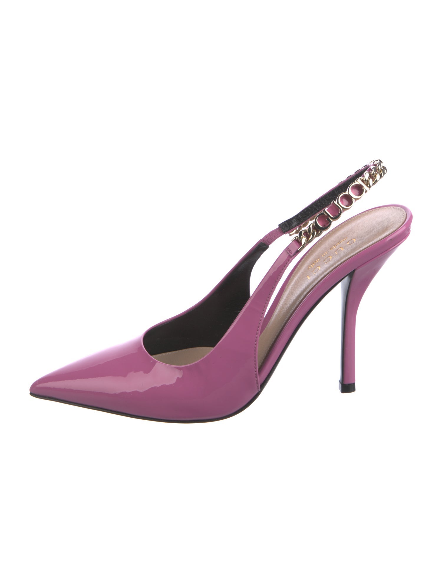 Gucci Patent Leather Chain-Link Accents Slingback Pumps