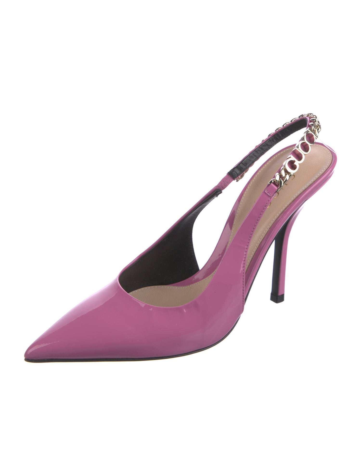 Gucci Patent Leather Chain-Link Accents Slingback Pumps