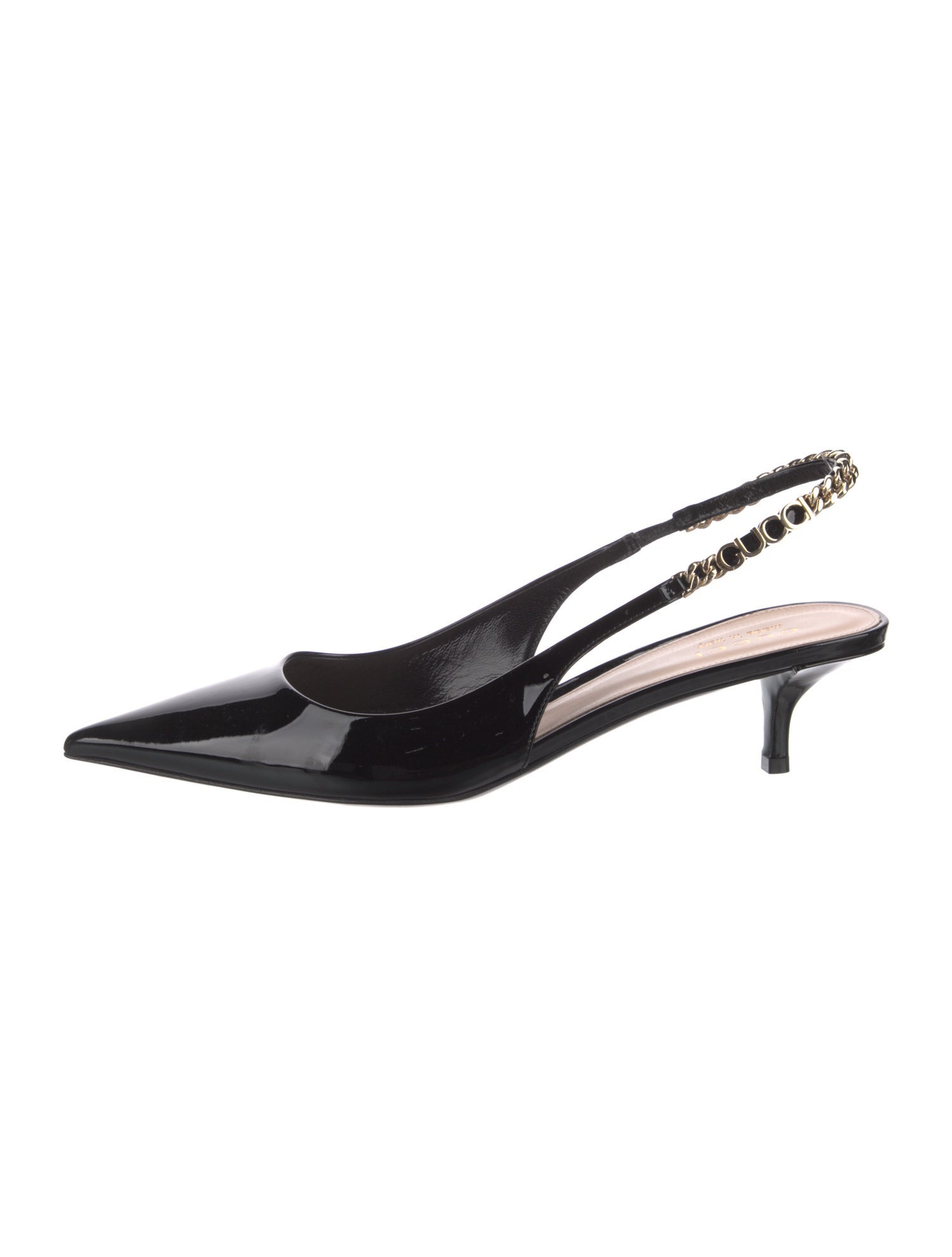 Gucci Patent Leather Chain-Link Accents Slingback Pumps