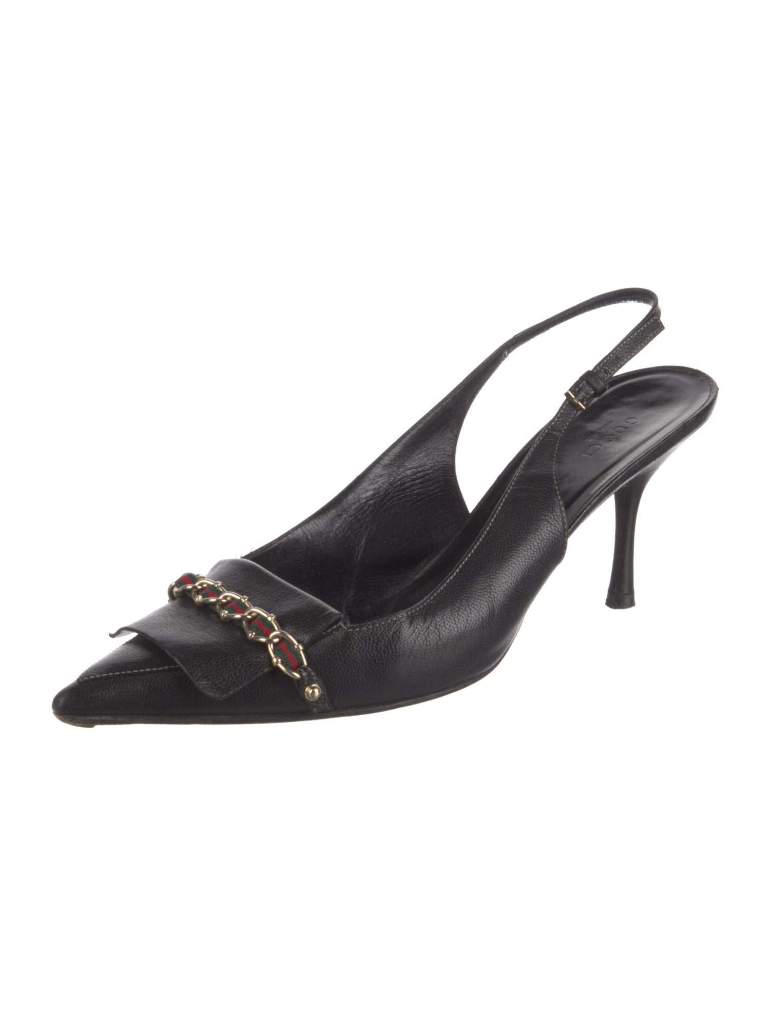 Gucci Chain-Link Accent Leather Slingback Pumps