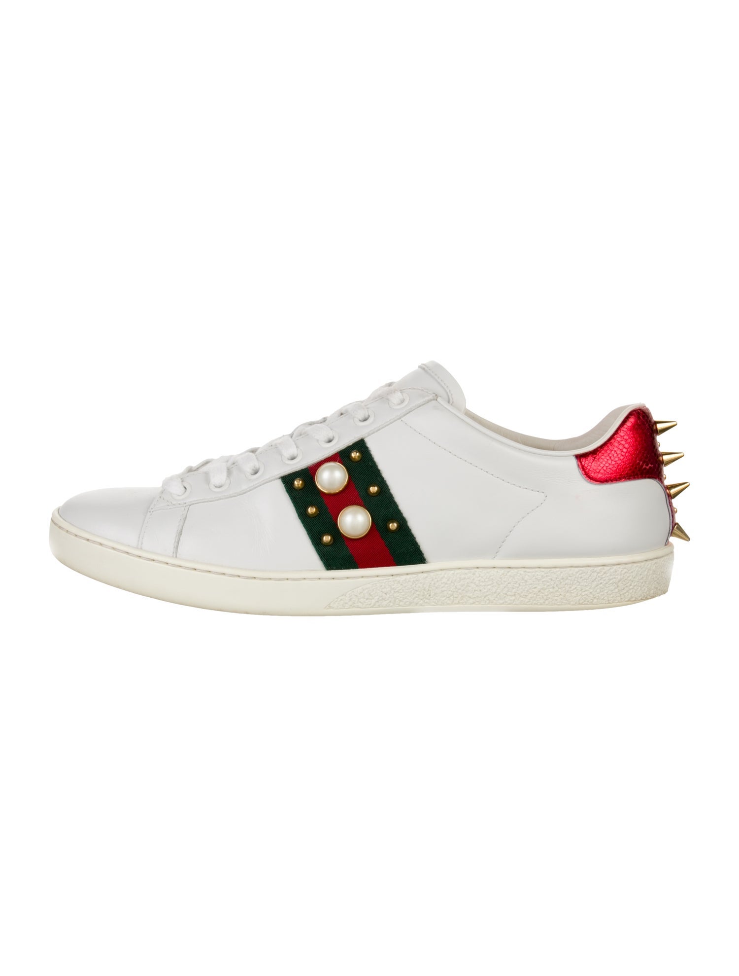 Gucci Faux Pearl Accents Leather Sneakers
