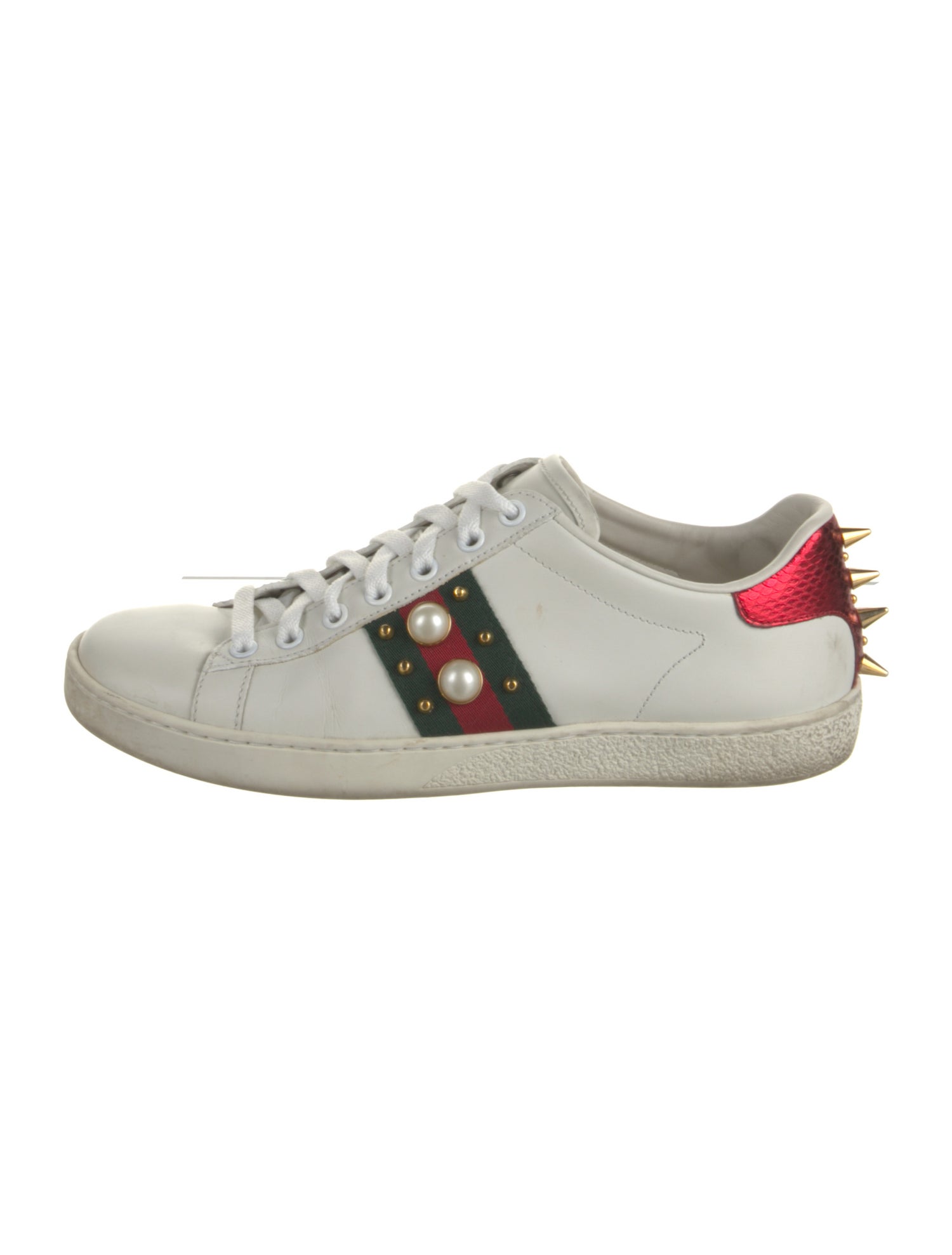 Gucci Faux Pearl Accents Leather Sneakers
