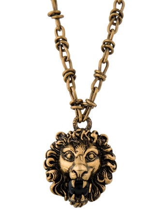 Gucci Enamel Faux Pearl Lion Head Pendant Necklace