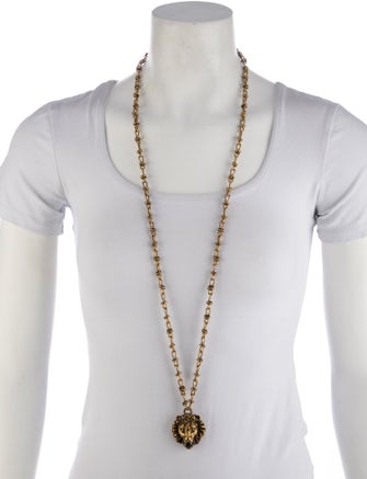 Gucci Enamel Faux Pearl Lion Head Pendant Necklace