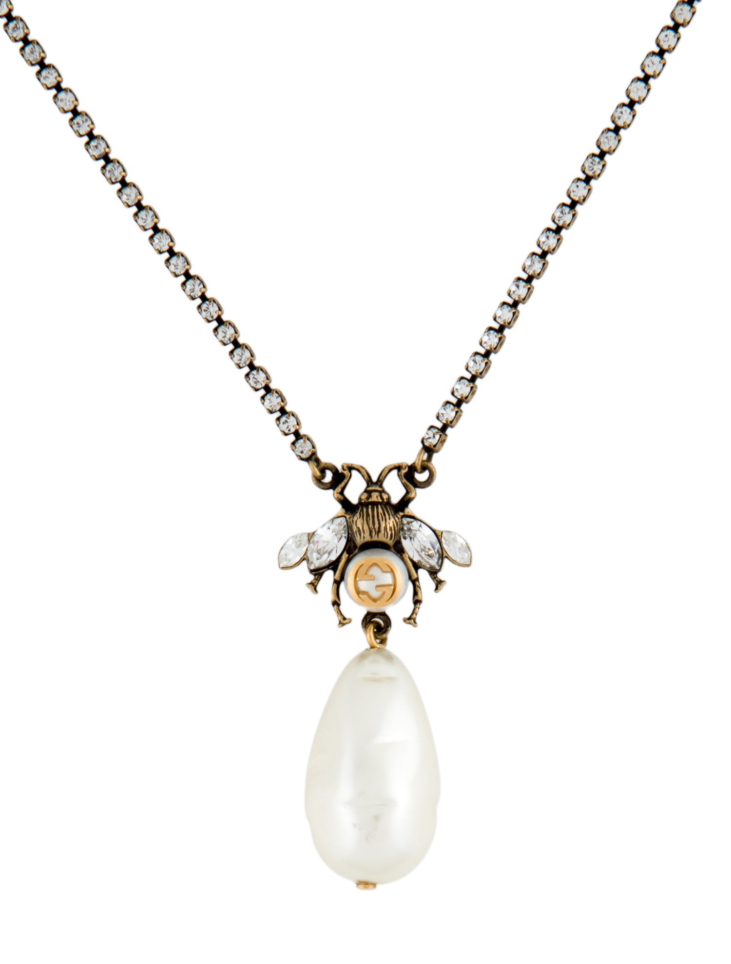 Gucci Faux Pearl & Crystal Bee Pendant Necklace