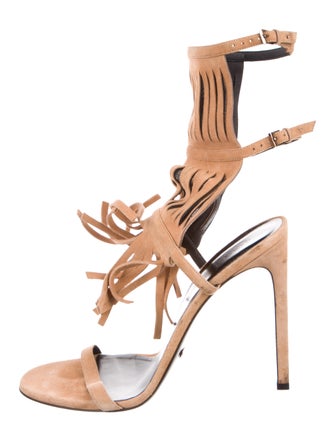 Gucci Suede Fringe Trim Accent Gladiator Sandals