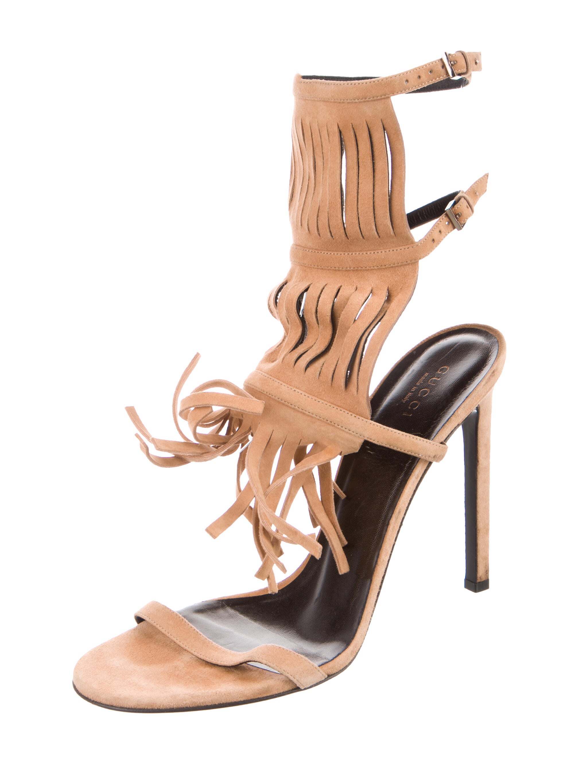 Gucci Suede Fringe Trim Accent Gladiator Sandals