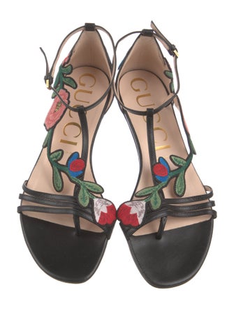 Gucci Leather Floral Print T-Strap Sandals