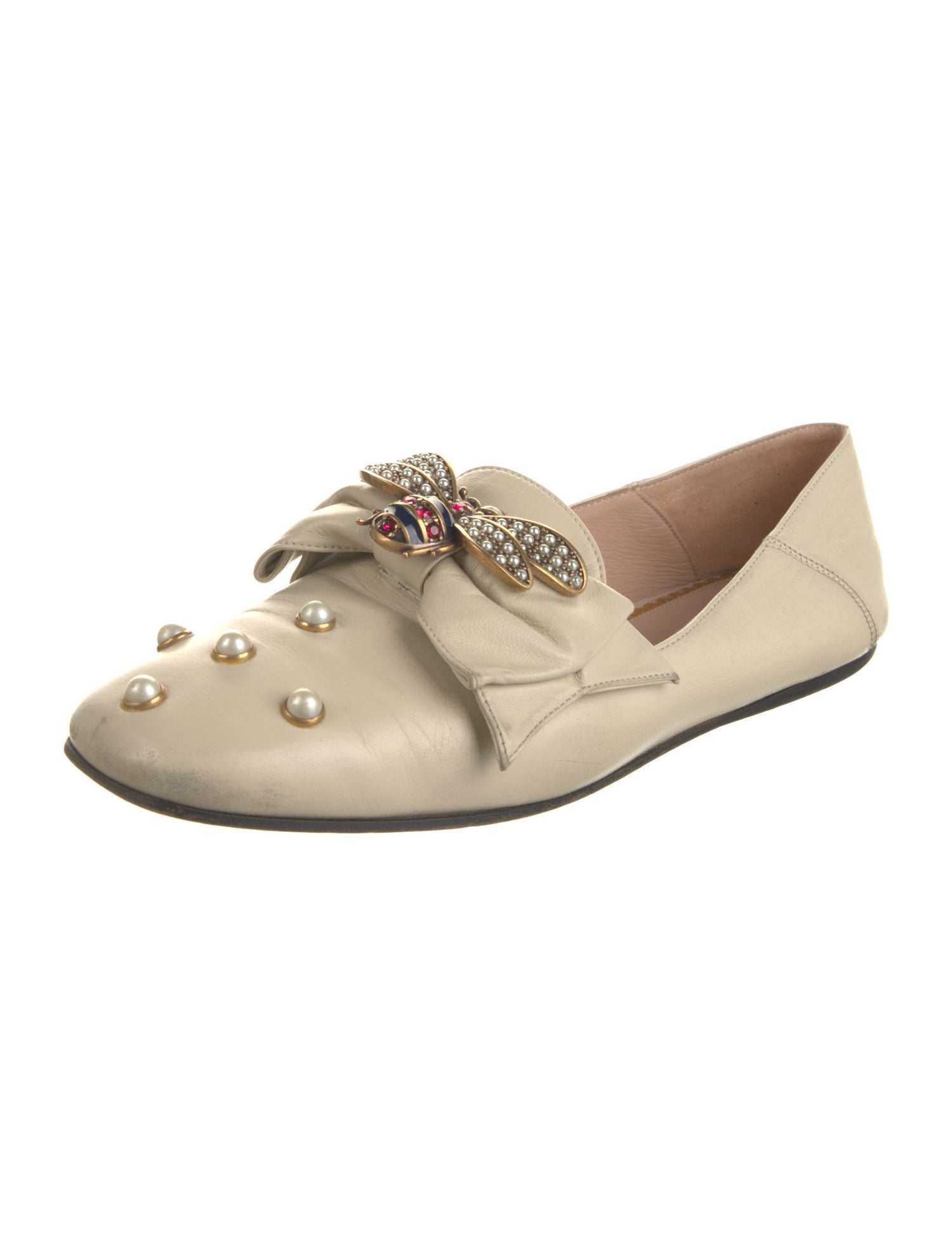 Gucci Faux Pearl Accents Leather Loafers