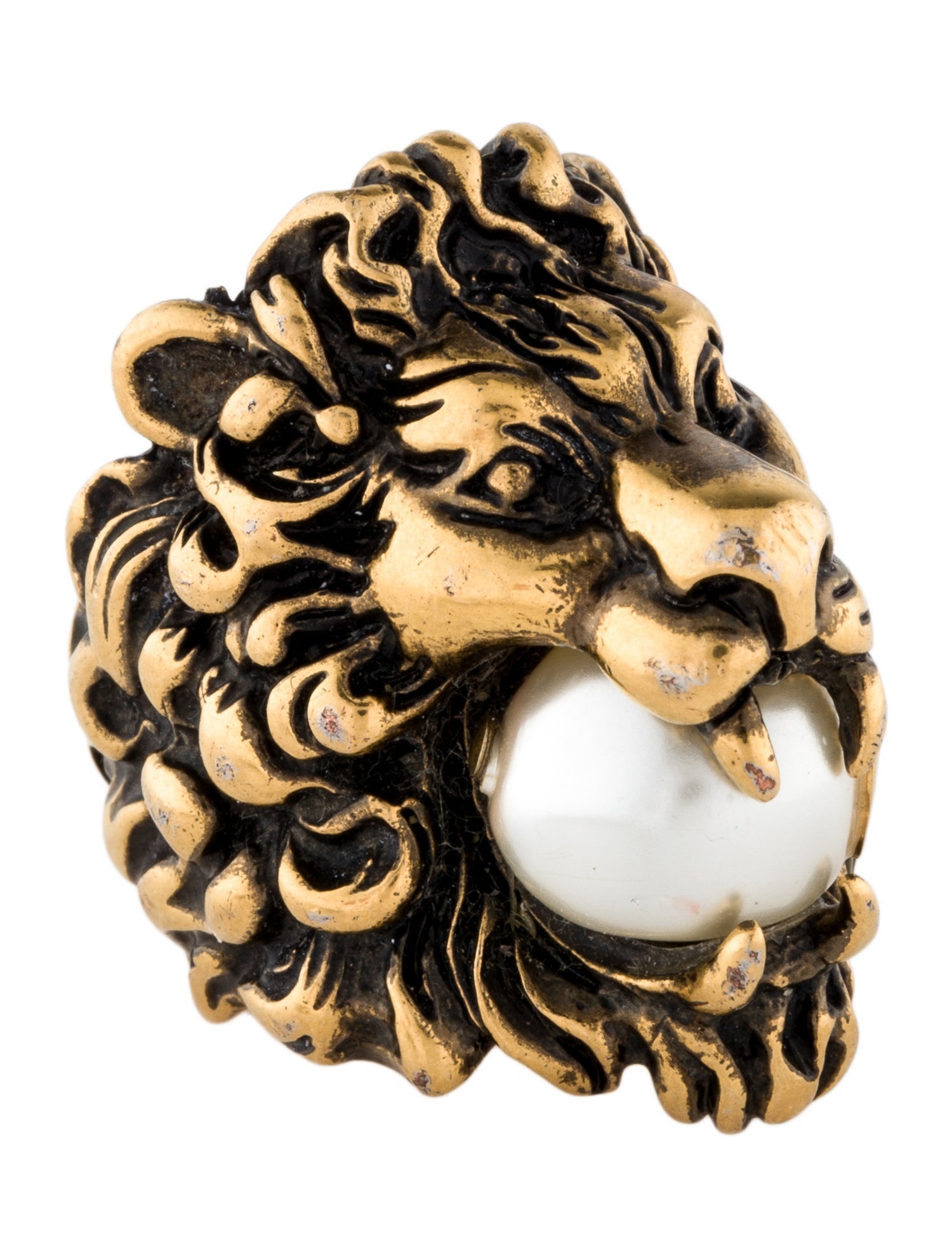Gucci Faux Pearl Lion Head Cocktail Ring