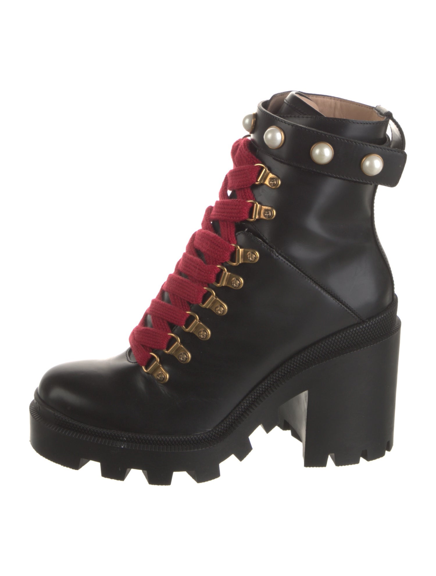 Gucci Faux Pearl Accents Leather Combat Boots