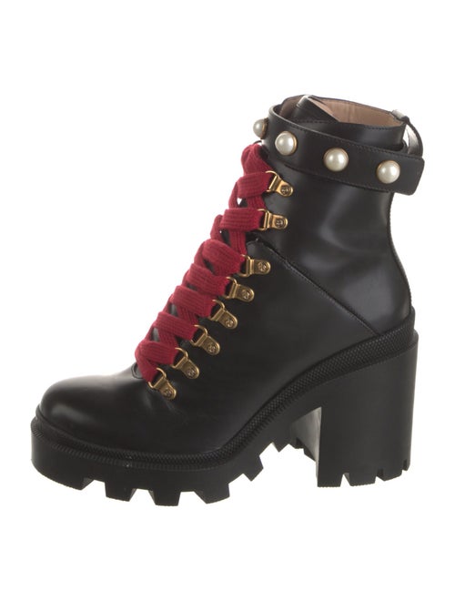 Gucci Faux Pearl Accents Leather Combat Boots
