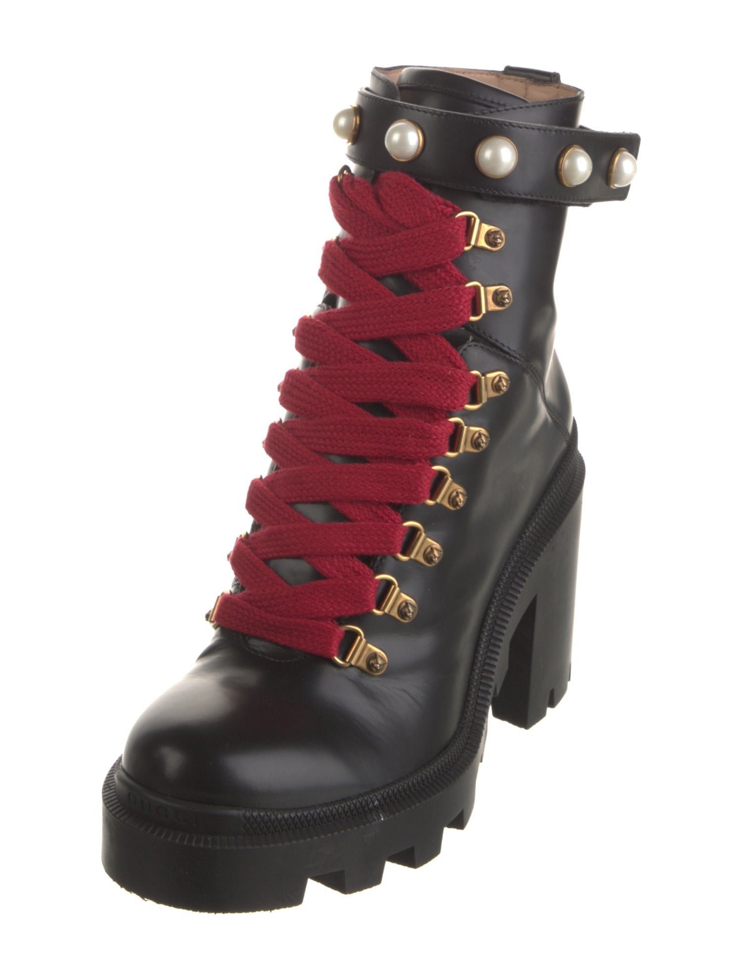 Gucci Faux Pearl Accents Leather Combat Boots
