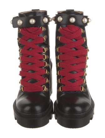 Gucci Faux Pearl Accents Leather Combat Boots