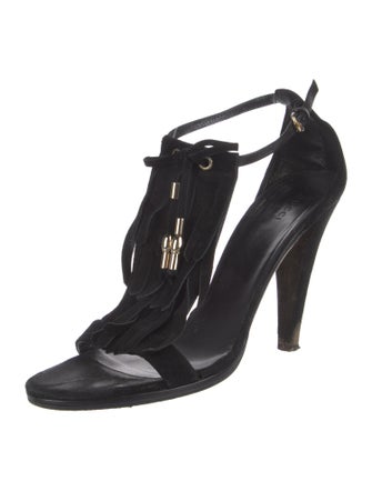 Gucci Suede Fringe Trim Accent T-Strap Sandals