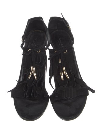 Gucci Suede Fringe Trim Accent T-Strap Sandals