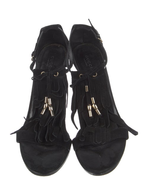Gucci Suede Fringe Trim Accent T-Strap Sandals