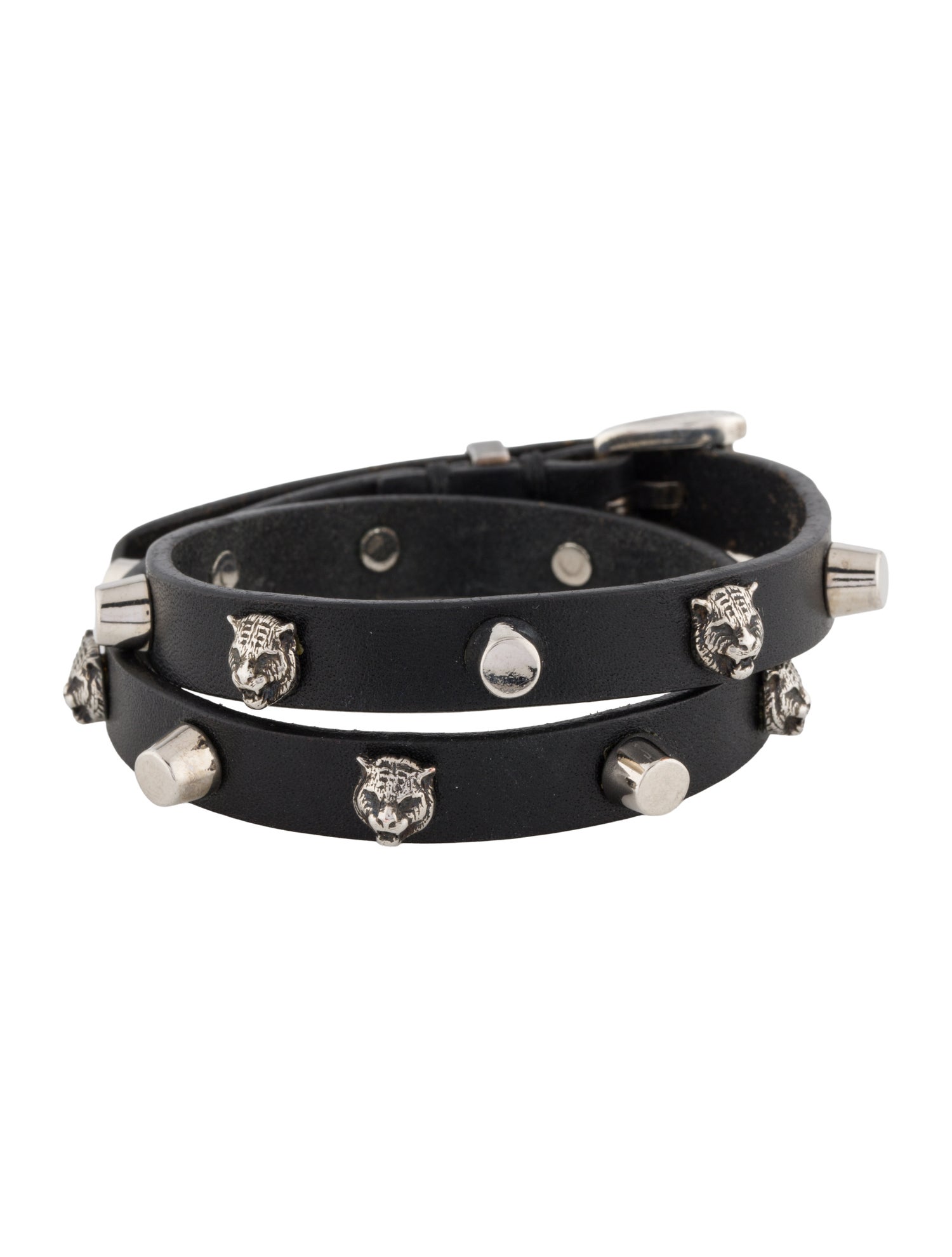 Gucci Leather Studded Feline Head Double Wrap Bracelet