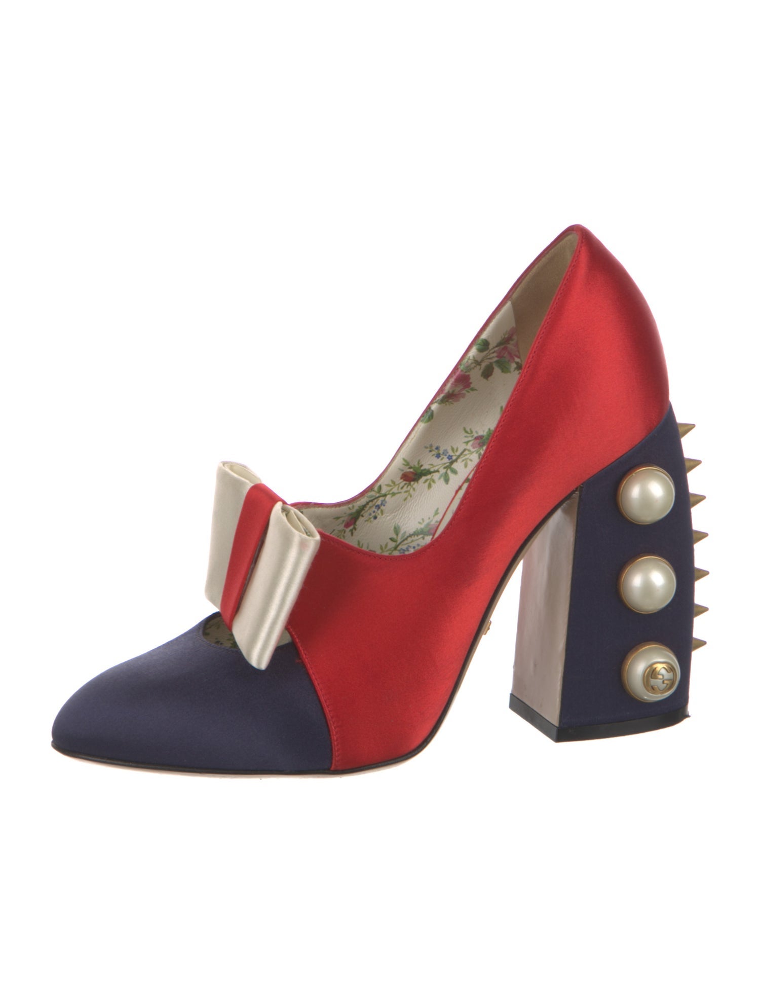 Gucci Faux Pearl Accents Satin Pumps