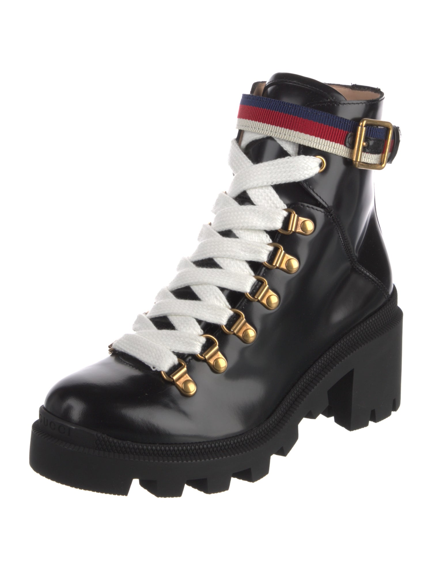 Gucci Sylvie Web Accent Leather Combat Boots