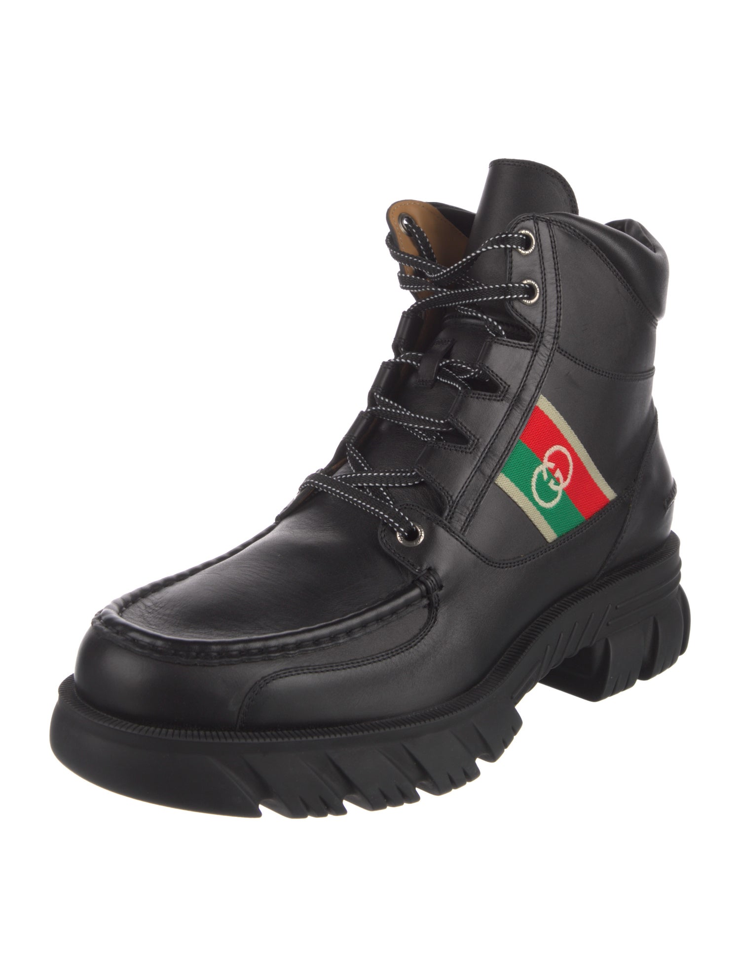 Gucci Web Accent Leather Lace-Up Boots w/ Tags