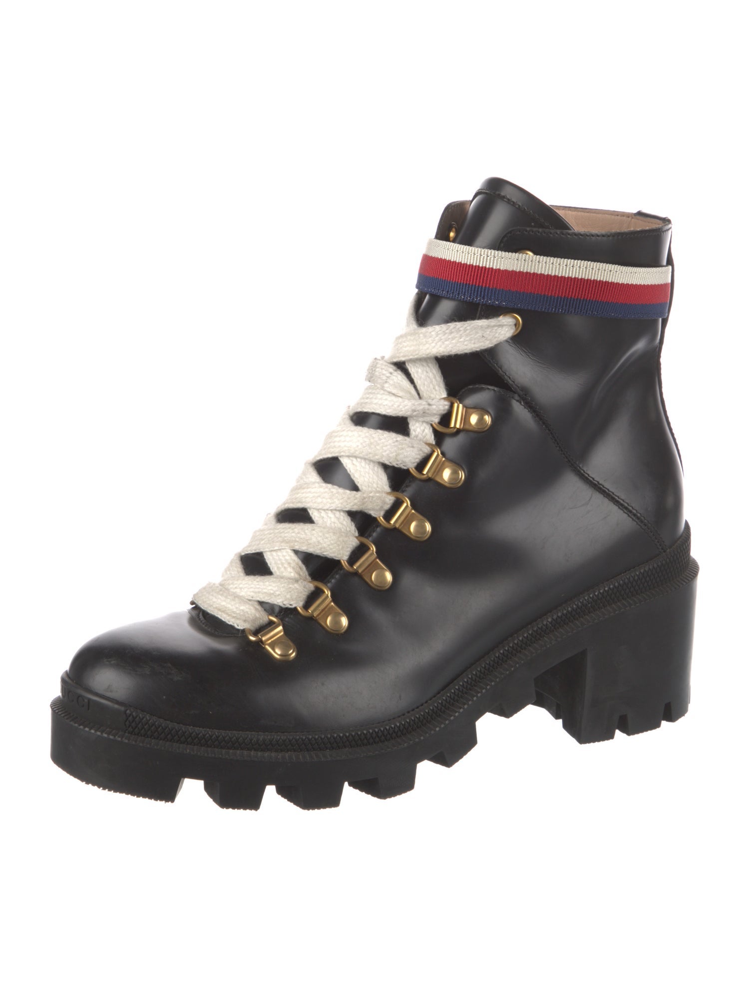 Gucci Sylvie Web Accent Leather Combat Boots
