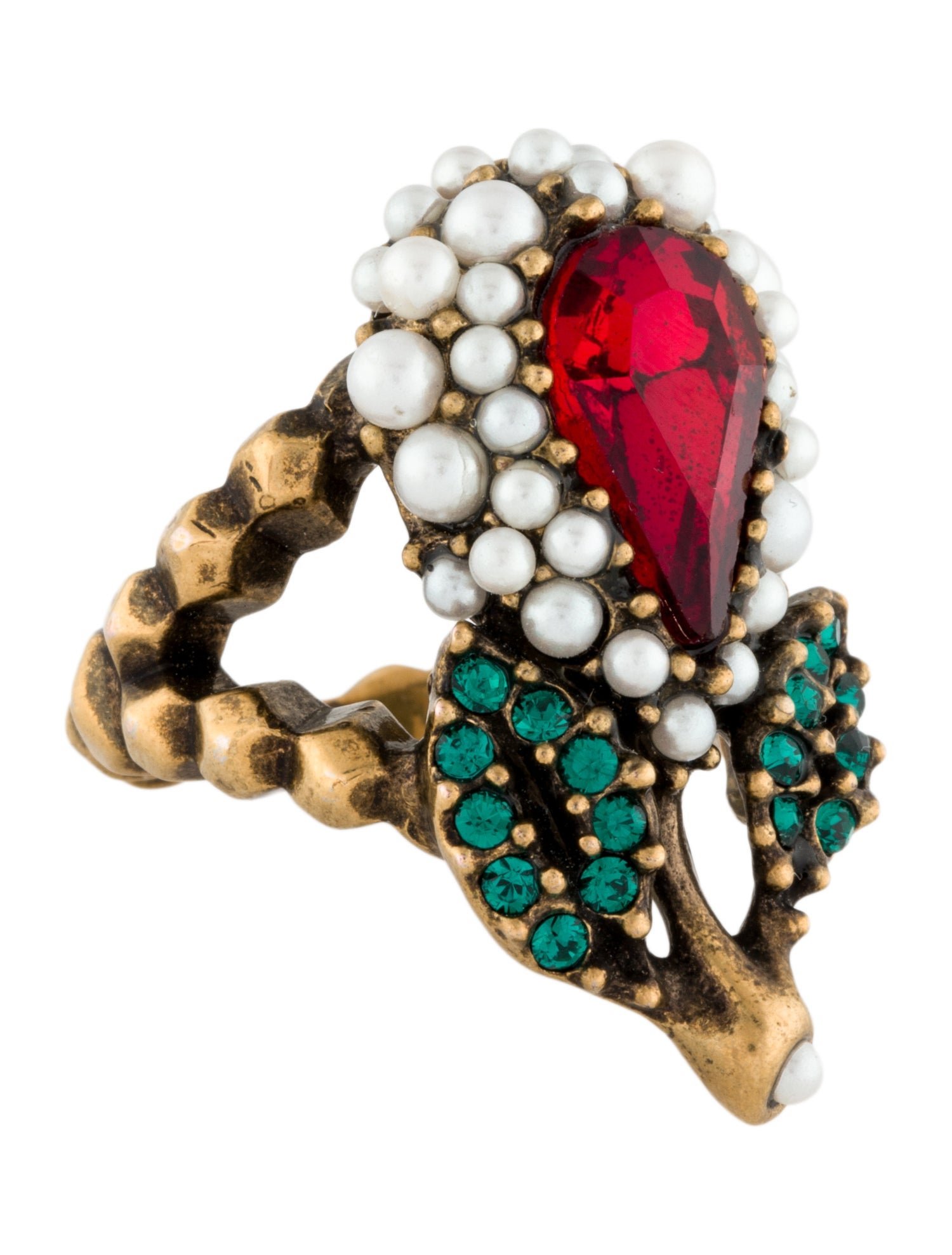 Gucci Crystal & Faux Pearl Cocktail Ring