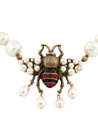 Gucci Faux Pearl & Crystal Bee Pendant Necklace