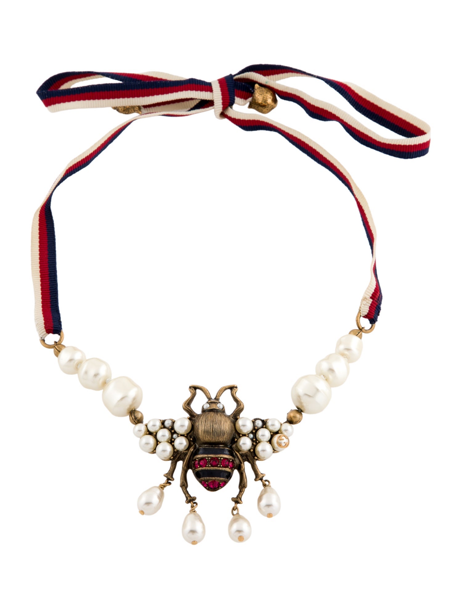 Gucci Faux Pearl & Crystal Bee Pendant Necklace