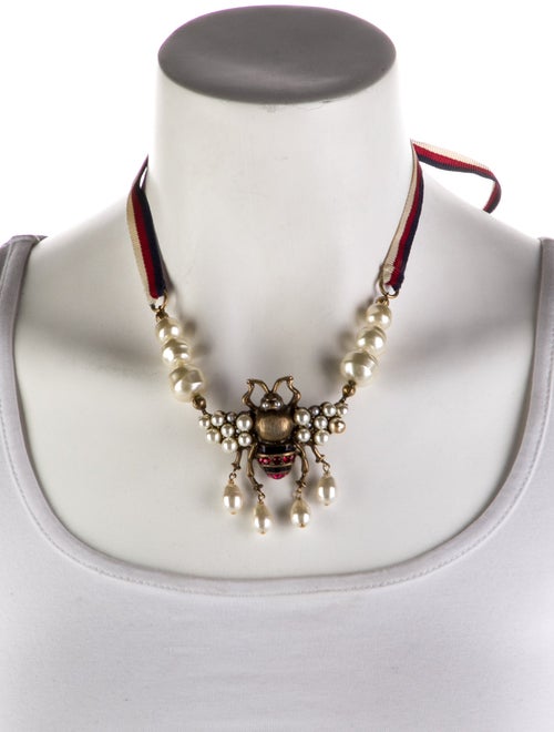 Gucci Faux Pearl & Crystal Bee Pendant Necklace