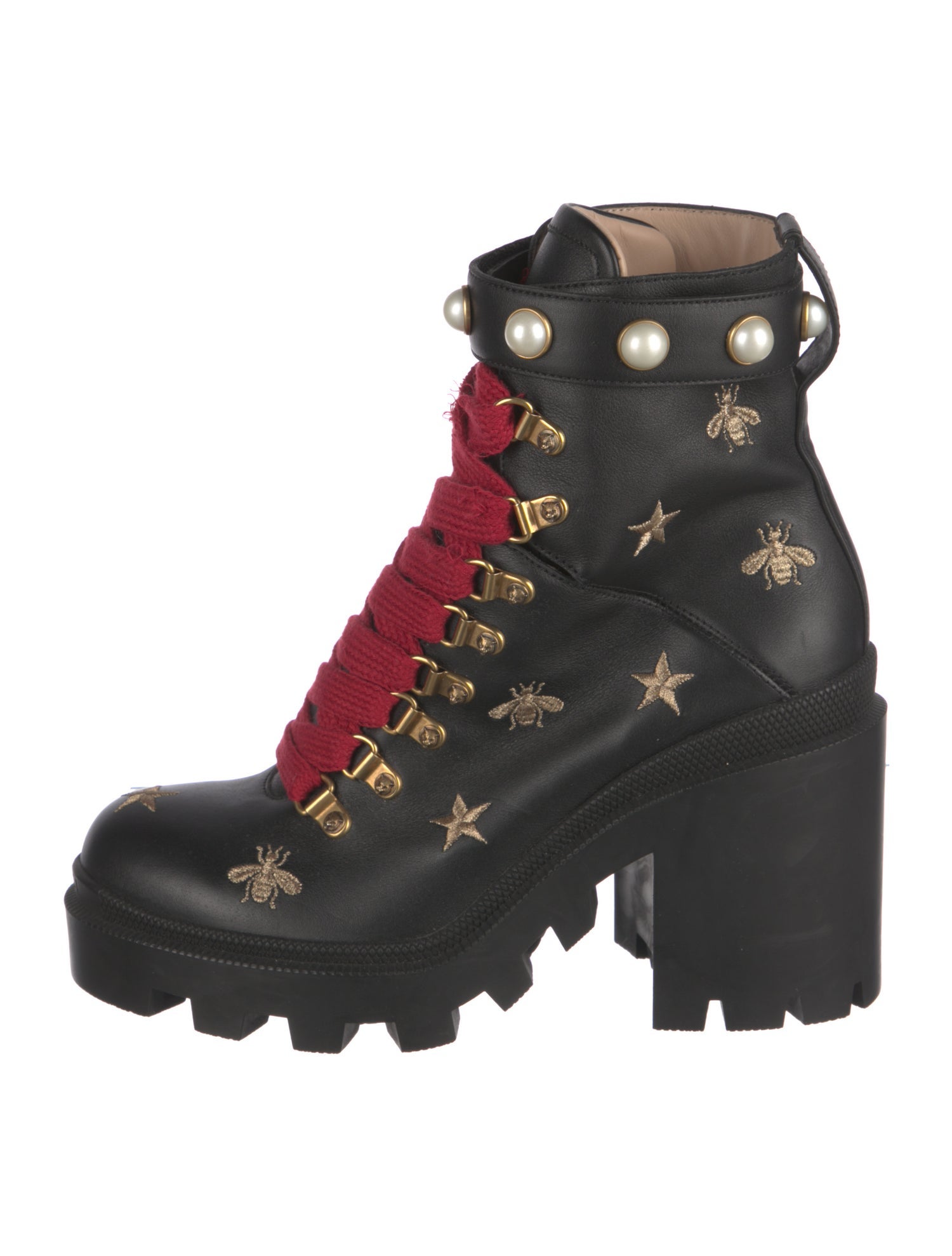 Gucci Faux Pearl Accents Leather Combat Boots