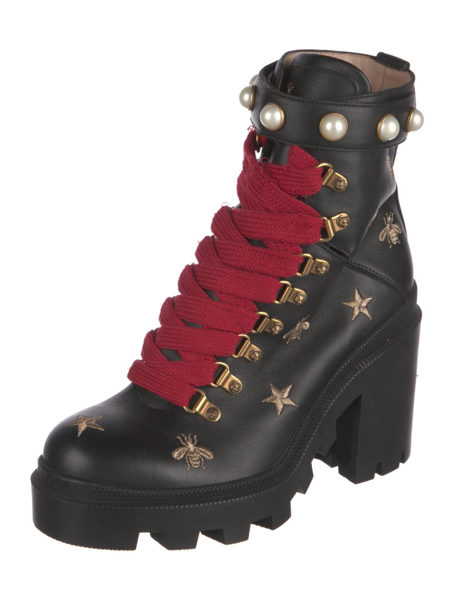 Gucci Faux Pearl Accents Leather Combat Boots