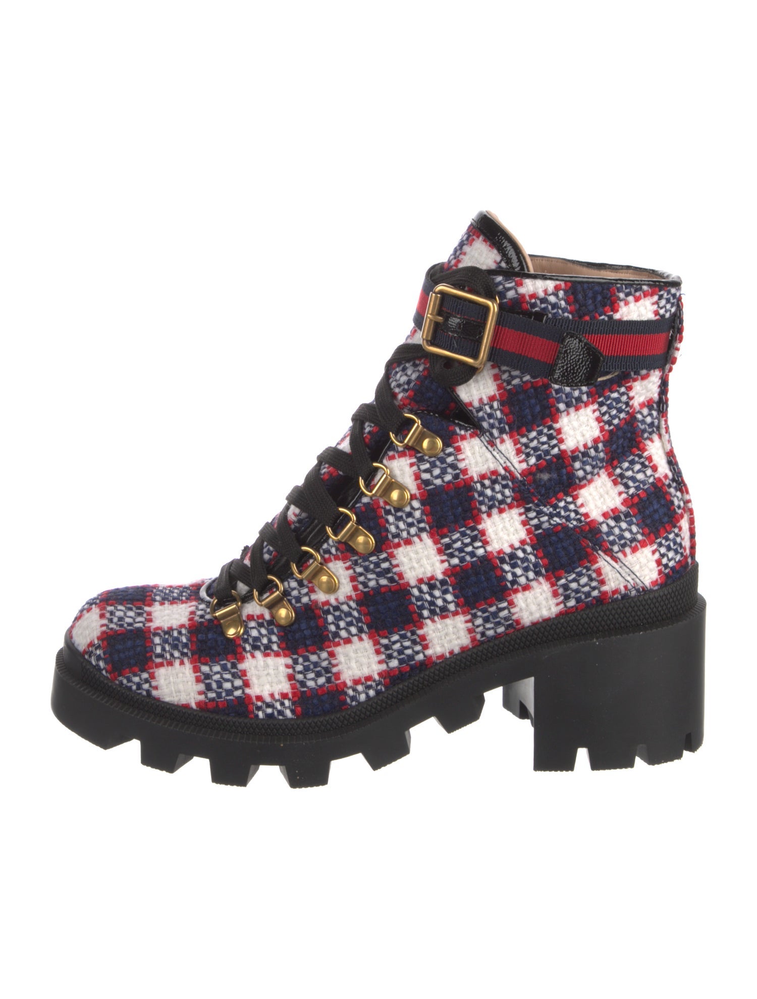 Gucci Sylvie Web Accent Tweed Lace-Up Boots