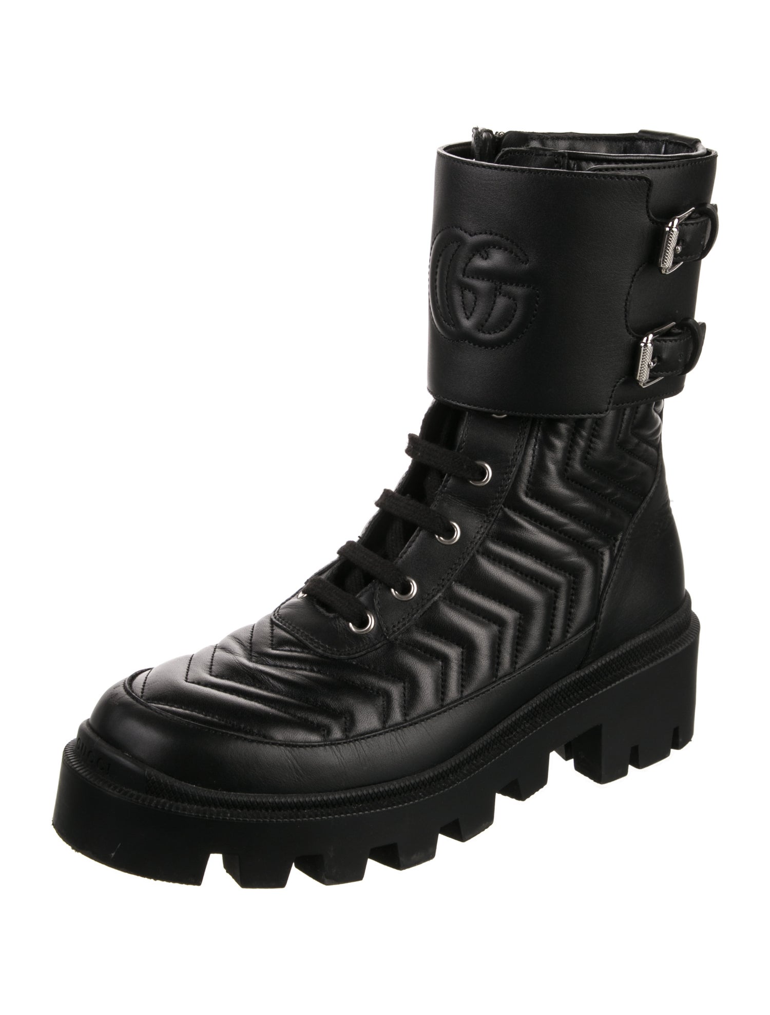 Gucci Double G Logo Leather Combat Boots