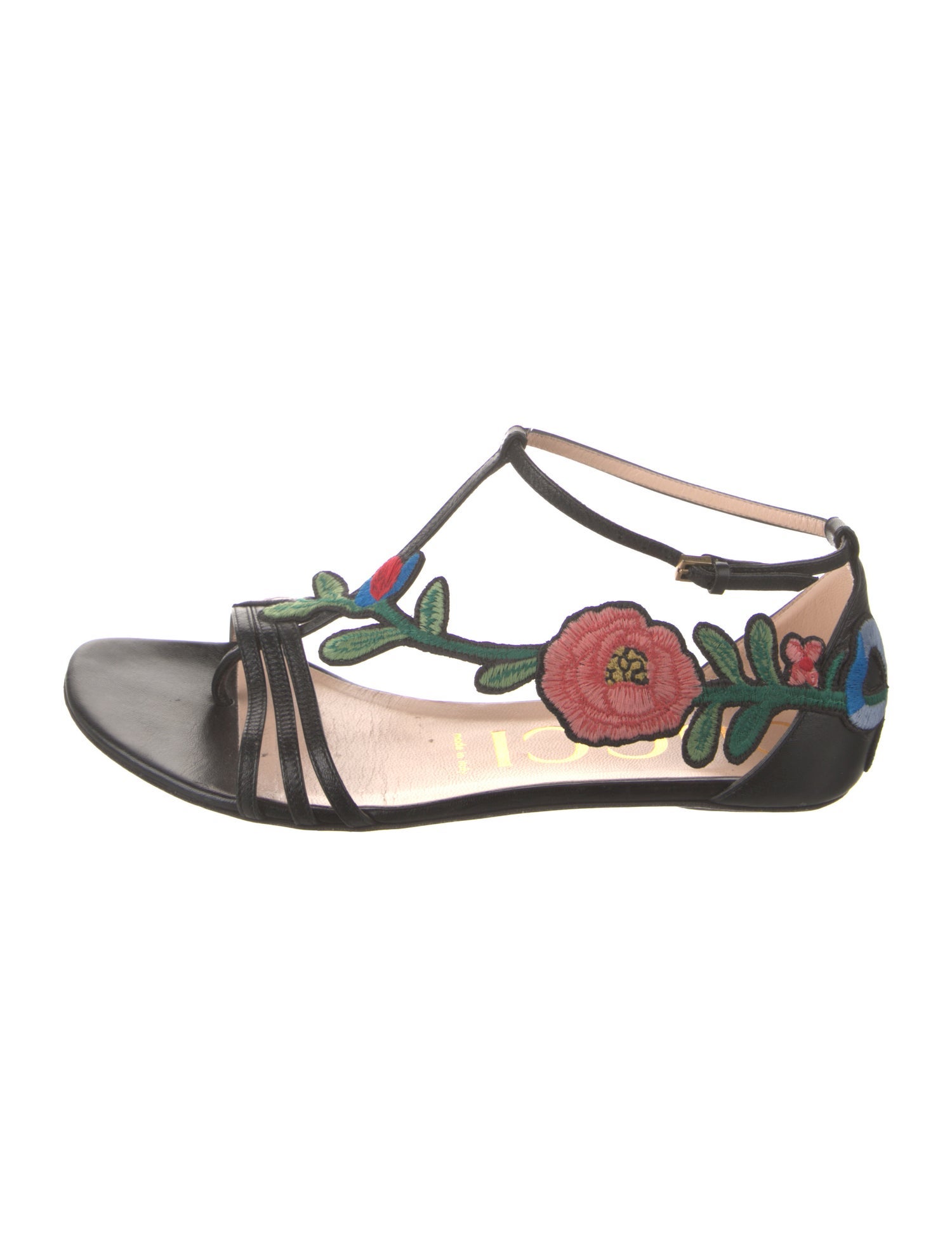 Gucci Leather Embroidered Accent T-Strap Sandals