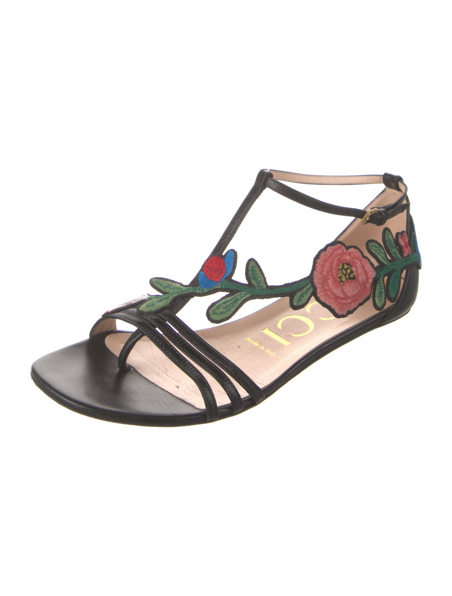 Gucci Leather Embroidered Accent T-Strap Sandals