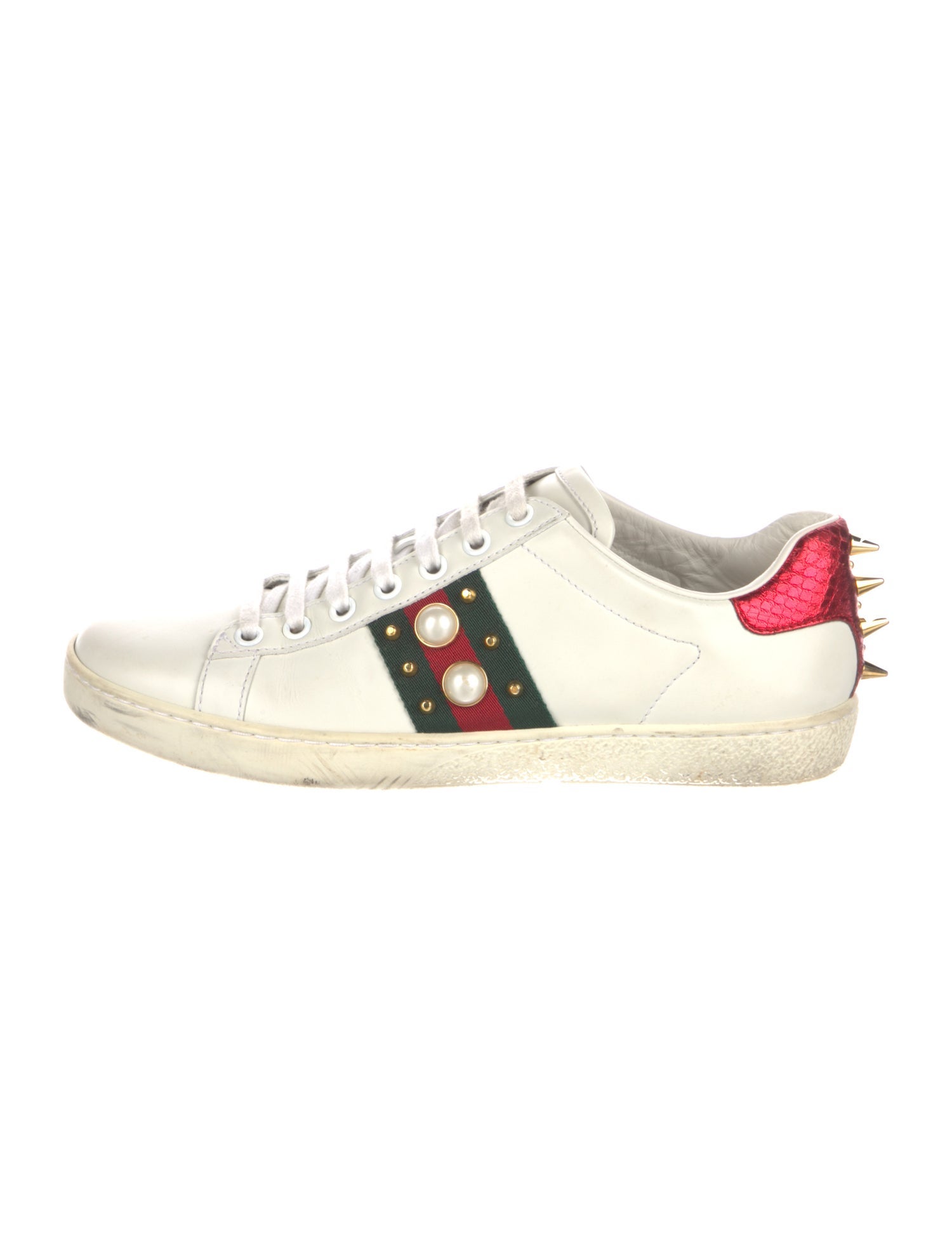 Gucci Faux Pearl Accents Leather Sneakers