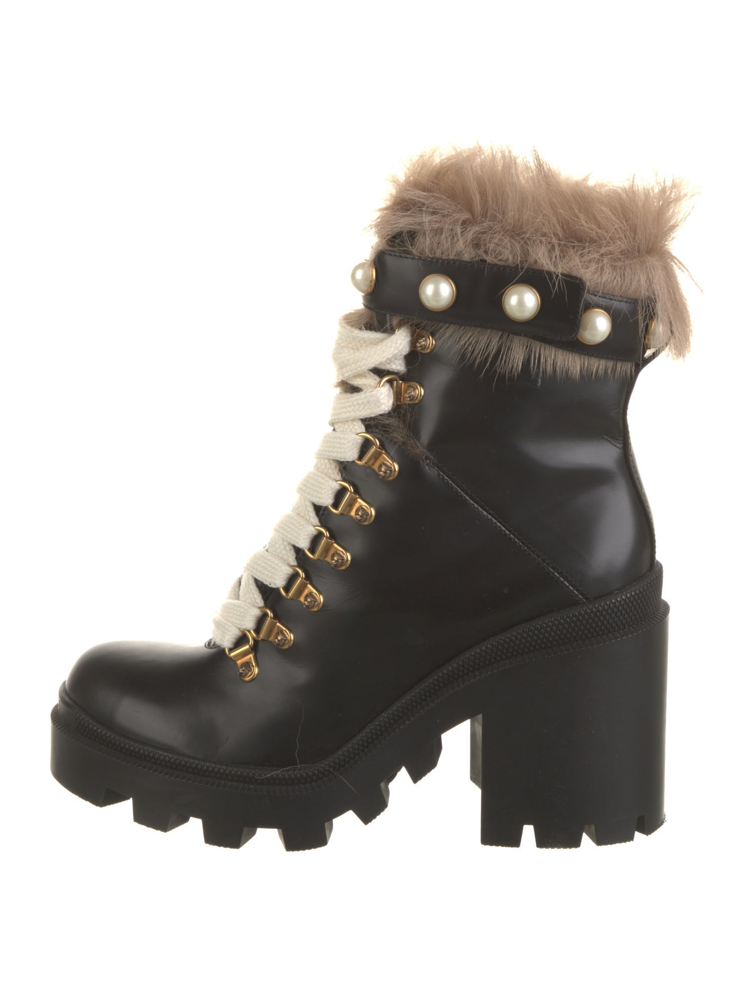 Gucci Faux Pearl Accents Leather Combat Boots