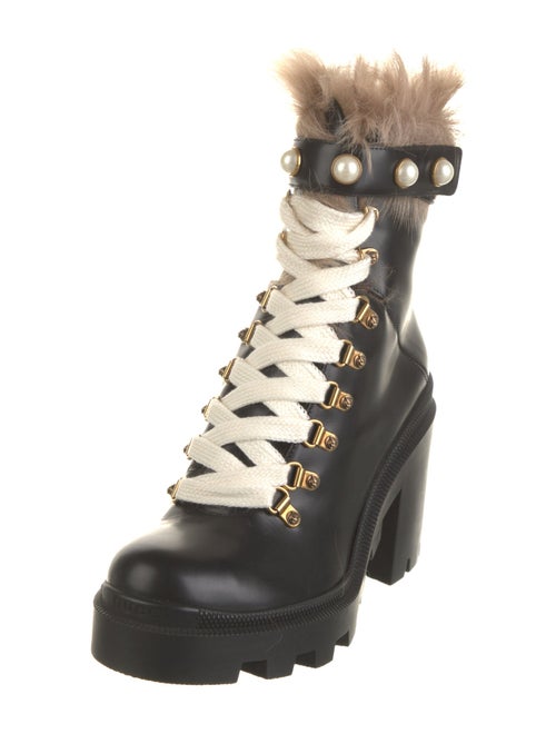 Gucci Faux Pearl Accents Leather Combat Boots