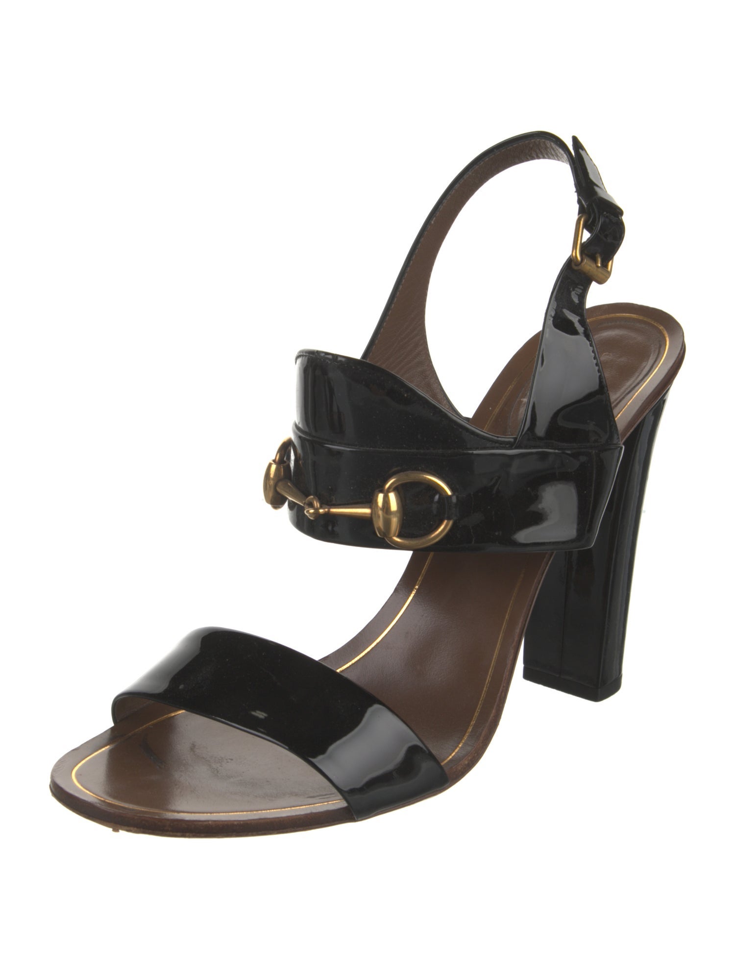 Gucci Horsebit Accent Patent Leather Slingback Sandals