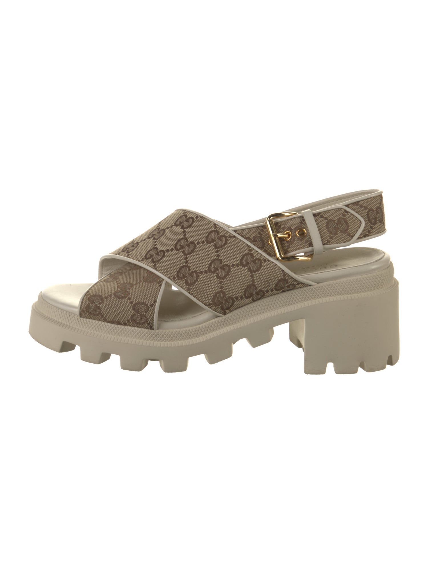 Gucci GG Canvas Leather Trim Embellishment Slingback Sandals