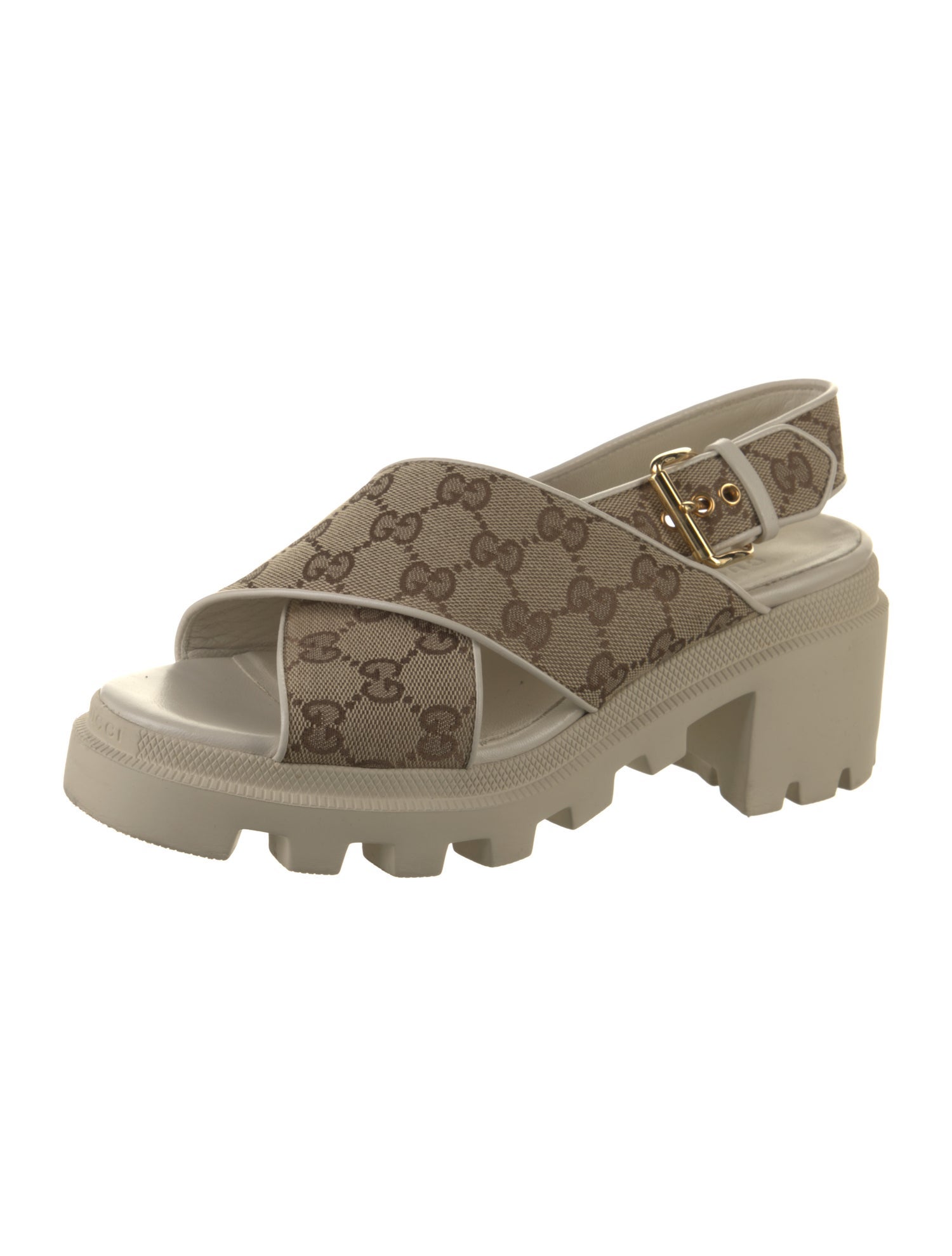 Gucci GG Canvas Leather Trim Embellishment Slingback Sandals