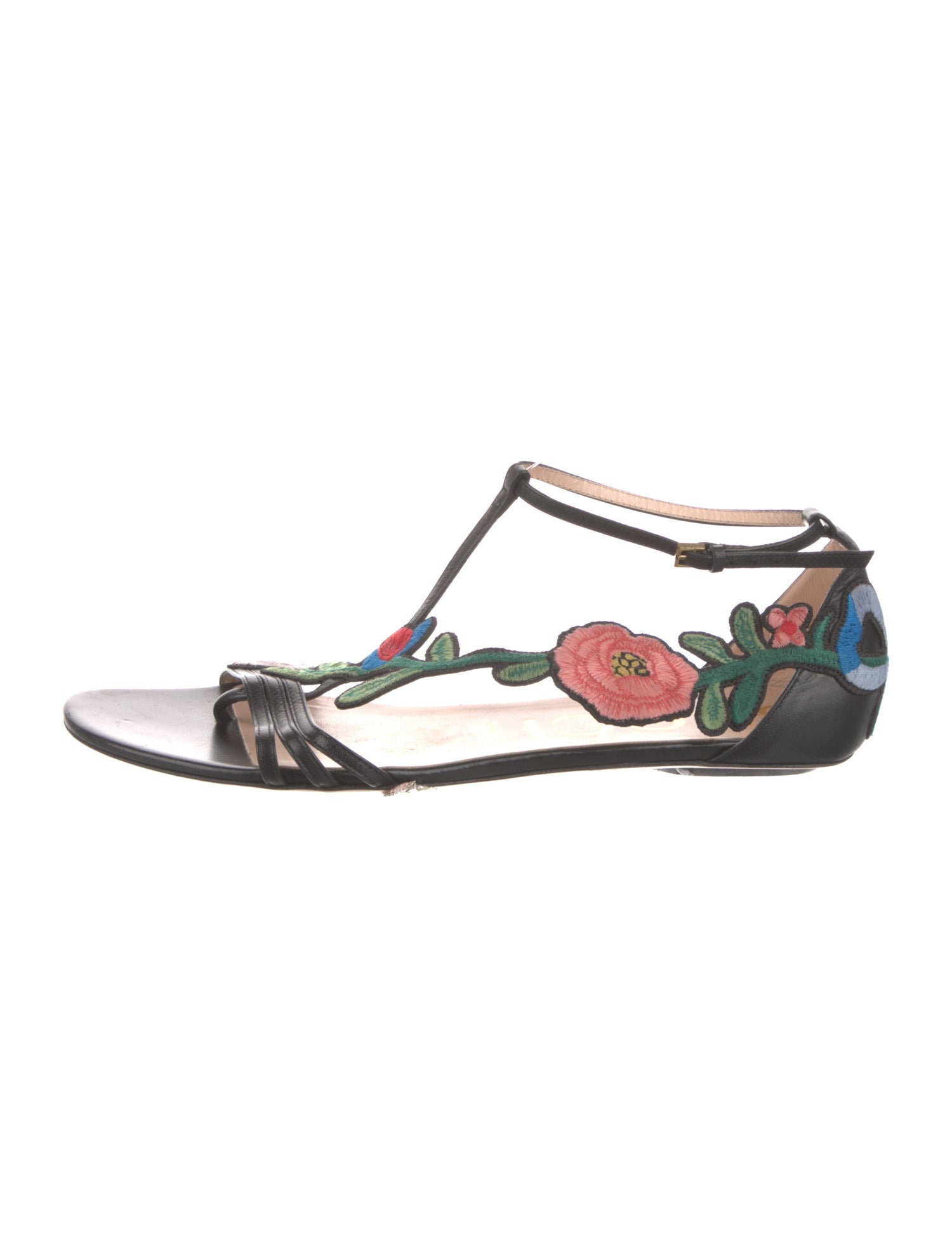 Gucci Leather Embroidered Accent T-Strap Sandals