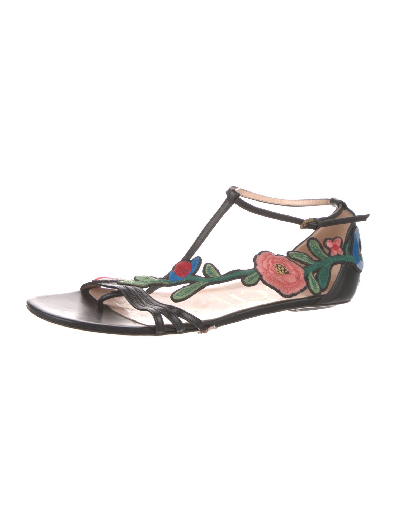 Gucci Leather Embroidered Accent T-Strap Sandals