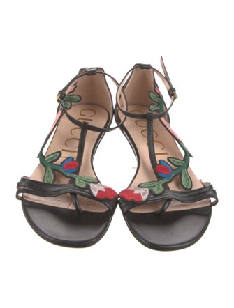 Gucci Leather Embroidered Accent T-Strap Sandals
