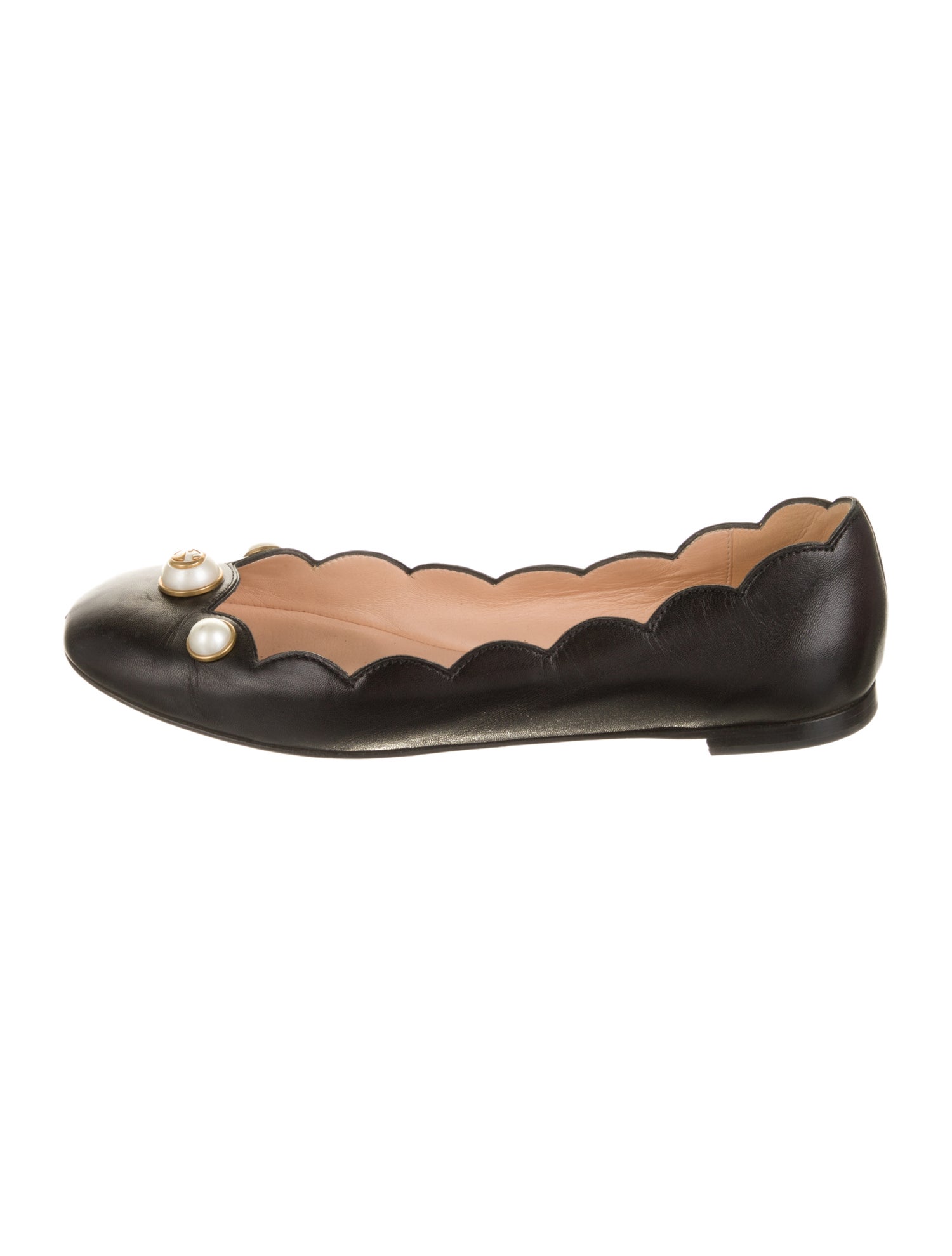 Gucci Faux Pearl Accents Leather Ballet Flats