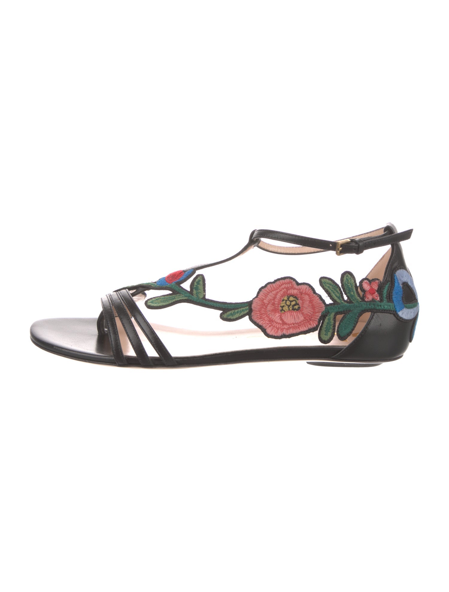 Gucci Leather Floral Print T-Strap Sandals