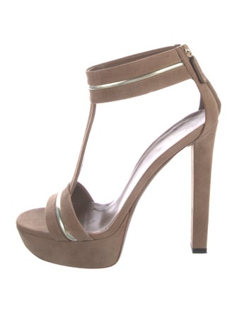 Gucci Suede Leather Trim Embellishment T-Strap Sandals