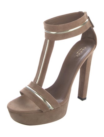 Gucci Suede Leather Trim Embellishment T-Strap Sandals